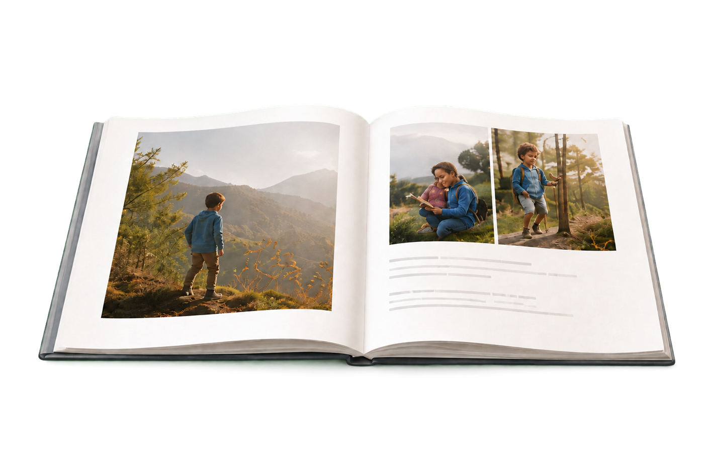 Open story book spread showing photos and captions