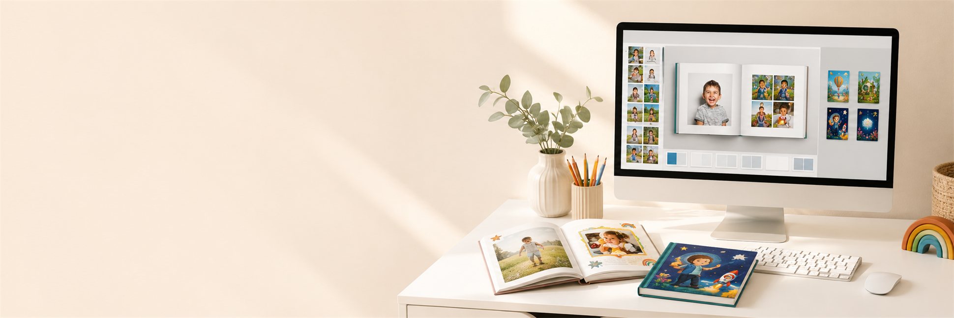 Laptop, printed story book and photos laid out on a desk