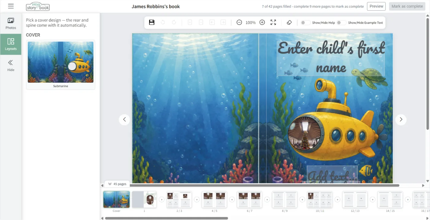 The book editor showing the Layouts tab with the Submarine cover design selected