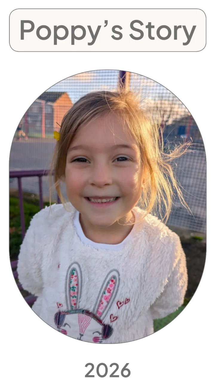 A personalised first page reading “Poppy’s Story” above a photo of a smiling child and the year 2026