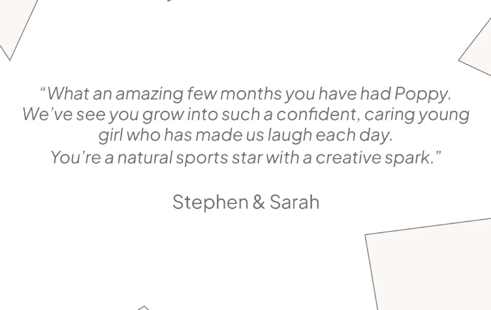 A personal message page with a short note to the child, signed Stephen & Sarah